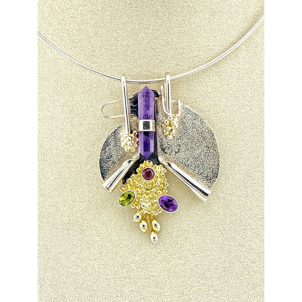 Modernist Sterling Silver Vermeil Amethyst Garnet Peridot Art to Wear Necklace